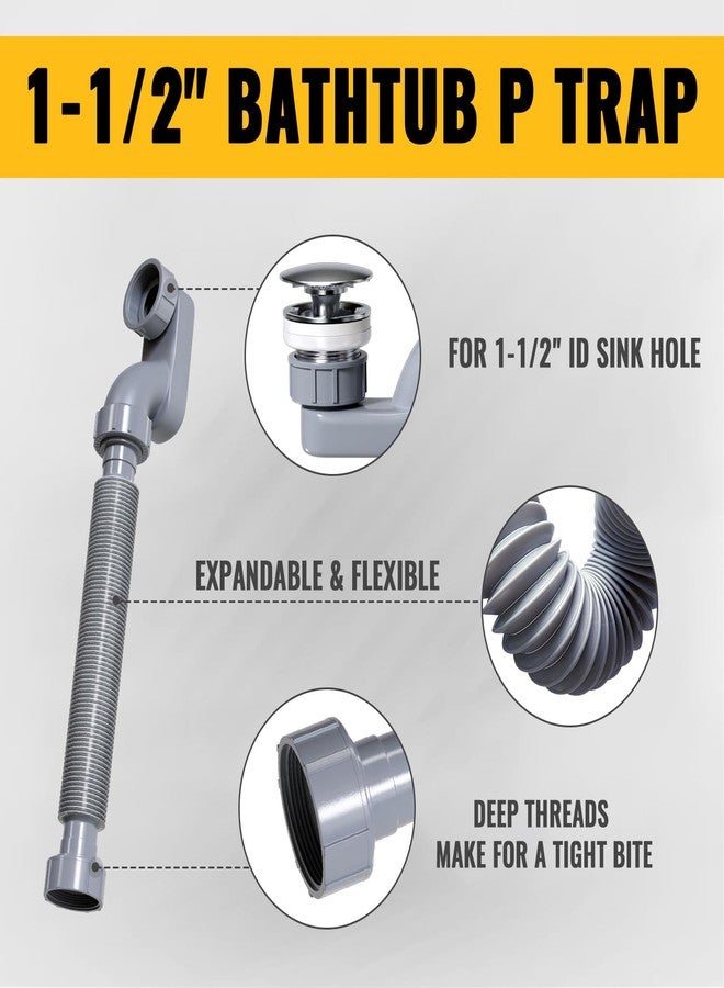 VIVIDA Bathtub Shower Drain Pipe, 1-1/2" Low Profile P Trap Bathtub Fittings, Flexible Flat P Trap Freestanding Tub Drain for Bath and RV, Sealing Tape Included, Gray, 1 PACK - Image 5